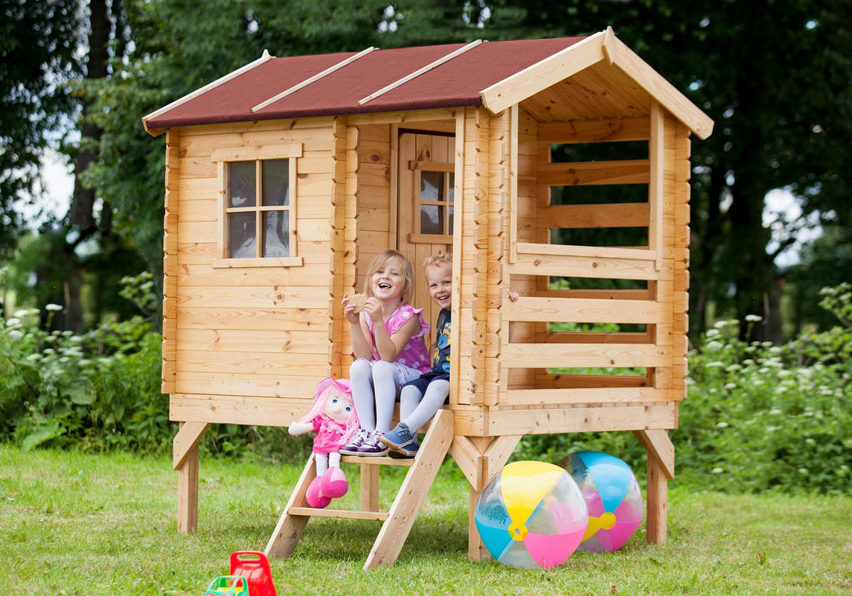 KINDERSPIELHAUS aus Holz - B146xL181xH205 cm/1,1m2 - M501B - Beige, Holz (146/205/182cm) - Timbela