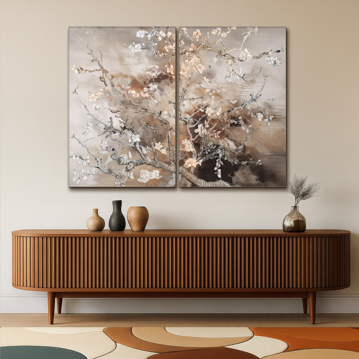 LEINWANDBILD 2er Set Mandelblüte - Abstrakt - Beige 160x120 cm - Beige, Textil (160/120cm) - MuchoWow