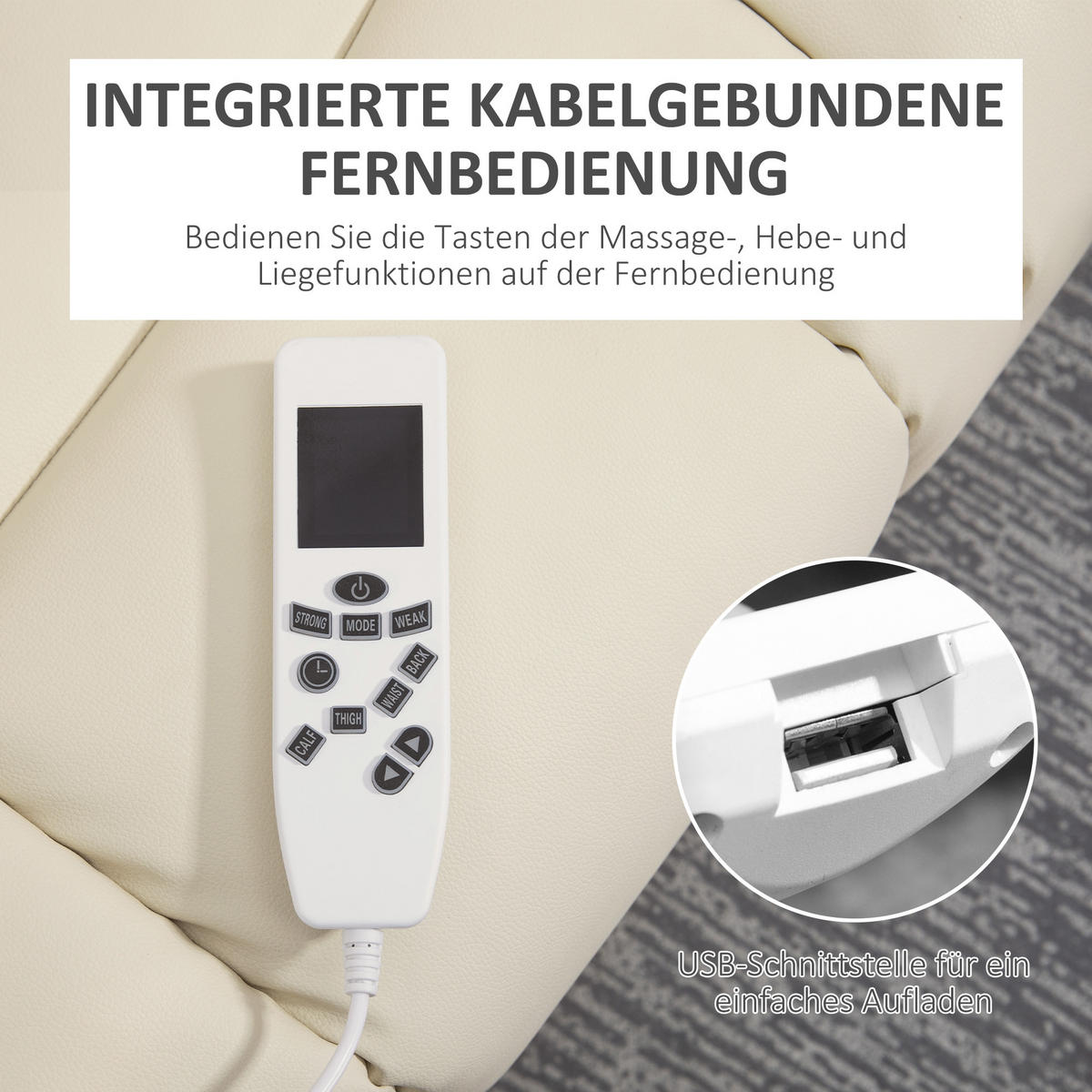FERNSEHSESSEL mit Aufstehhilfe, Cremeweiß - Creme/Schwarz, Kunststoff (98/102/90cm) - HOMCOM