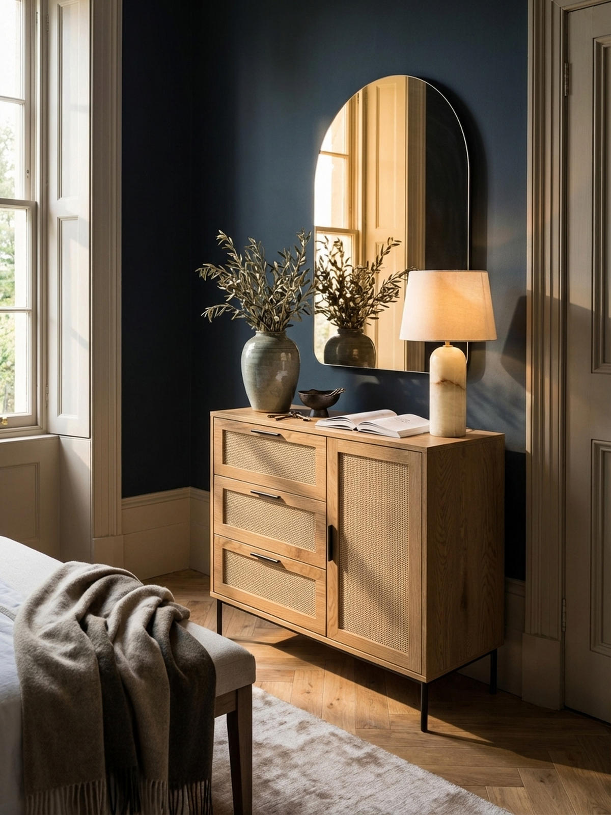 KOMMODE – Eiche-Dekor/Rattan, 80x82x36 cm, 3 Schubladen, 1 Tür, modern - Schwarz/Braun, Holzwerkstoff/Metall (80/82/36cm) - KADIMA DESIGN