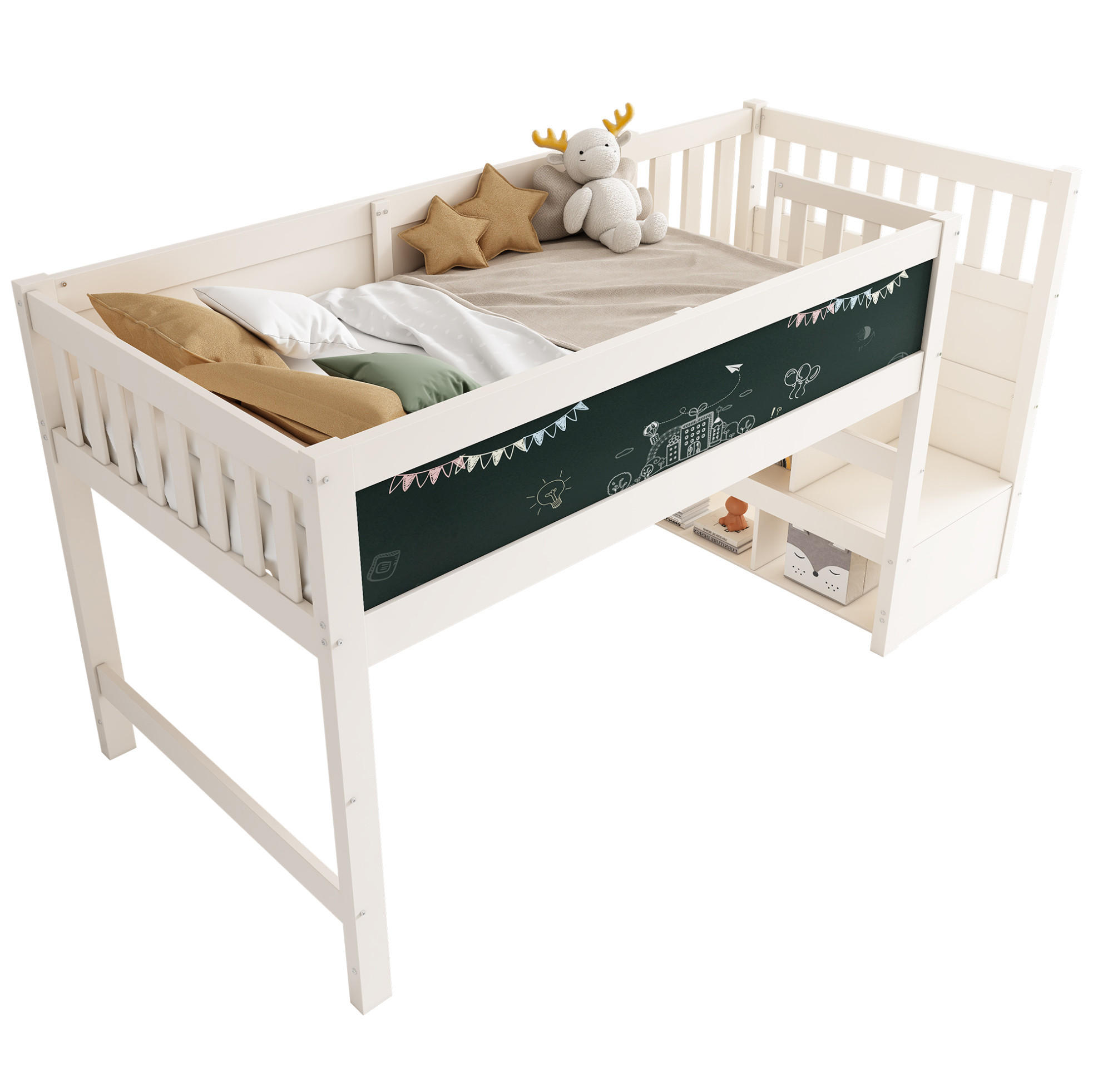 HOCHBETT 90/200 cm Weiß mit Tafel, Stauraum und variabel montierbarer Treppe - Weiß, Holzwerkstoff (90/200cm) - Flora Grace