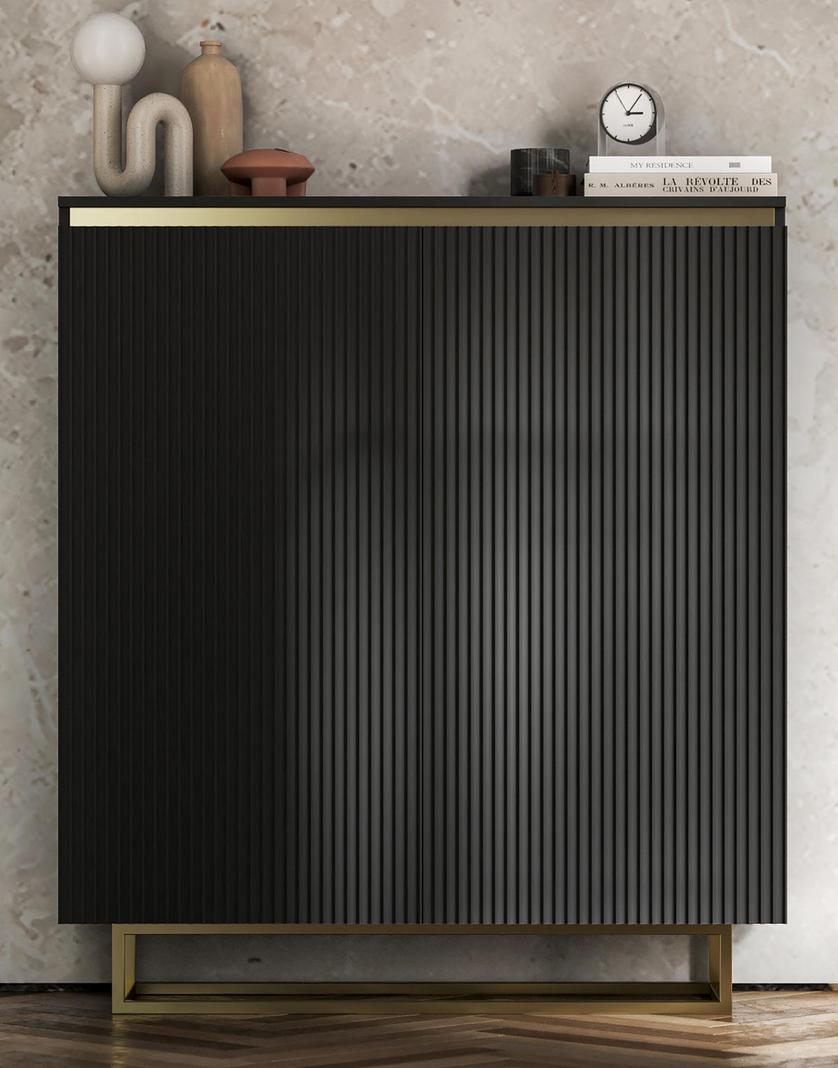 HIGHBOARD Selene 2D Schwarz Matt 111 cm goldfarbener Rahmen - Goldfarben/Schwarz, Holzwerkstoff/Metall (111/125/35cm) - Meble Lindner