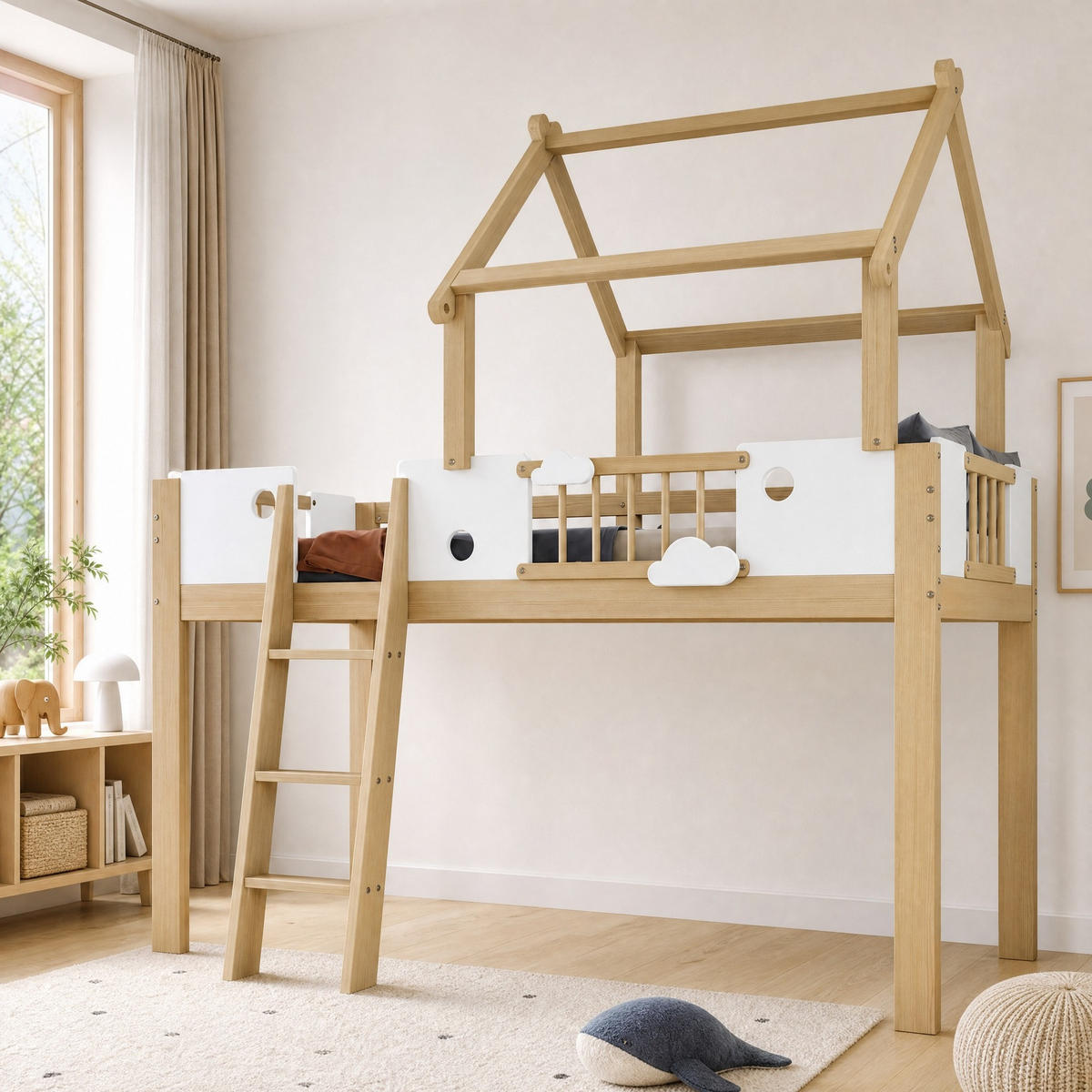 HOCHBETT 90/200 mit Dachdesign Fallschutz und Schrägleiter in Weiß und Natur - Weiß/Naturfarben, Holz/Holzwerkstoff (90/200cm) - EVRYAE