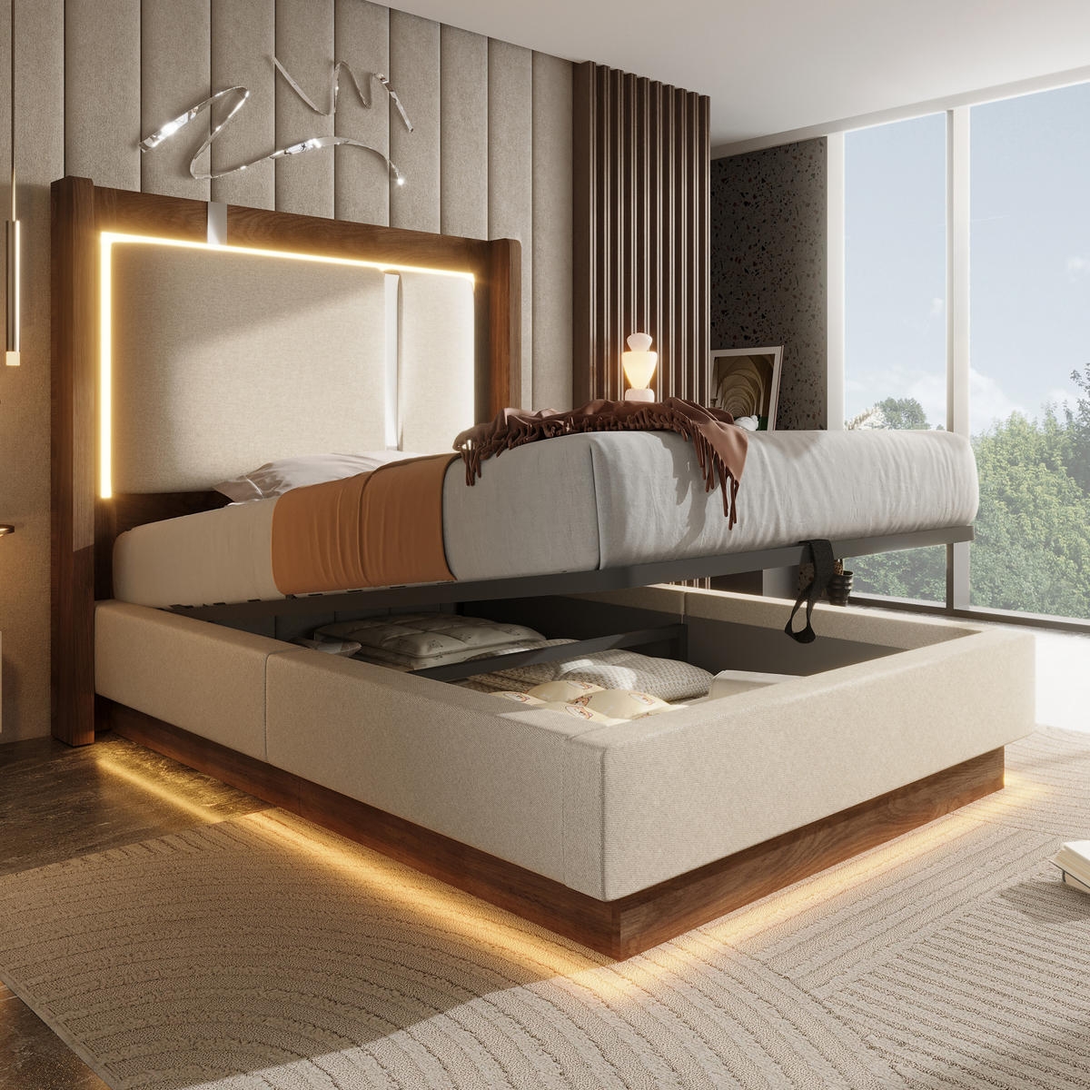 POLSTERBETT 90/200 cm in Beige Leinen mit LED und Bettkasten - Beige, Holzwerkstoff/Textil (90/200cm) - WISHDOR
