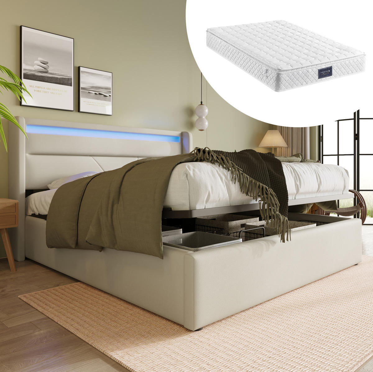 POLSTERBETT mit LED-Beleuchtung 160/200 cm mit Bettkasten & Matratze in Weiß - Weiß, Kunststoff (160/200cm) - BEAOK
