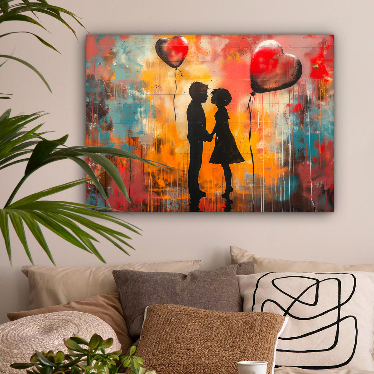 LEINWANDBILD Straßenkunst - Liebe - Graffiti - Kunst - Banksy Wandbilder 80x60 cm - Orange, Textil (80/60cm) - MuchoWow