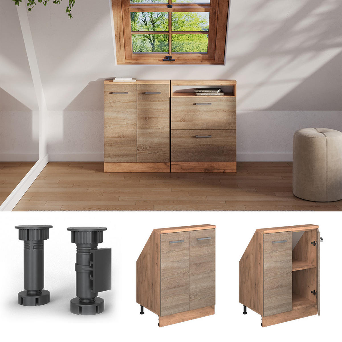 KUCHYŇSKÁ SKŘÍŇKA POD ŠIKMOU STŘECHU R-Line Dub Sonoma/Goldkraft - medově dubová/Sonoma dub, kompozitní dřevo (60/81.6/46cm) - Vicco