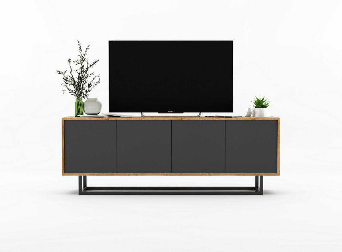 TV-SCHRANK Apollo2 Eiche wotan Graphit Matt 150/53/35 cm - Graphitfarben/Schwarz, Holzwerkstoff/Metall (150/53/35cm) - Meble Lindner