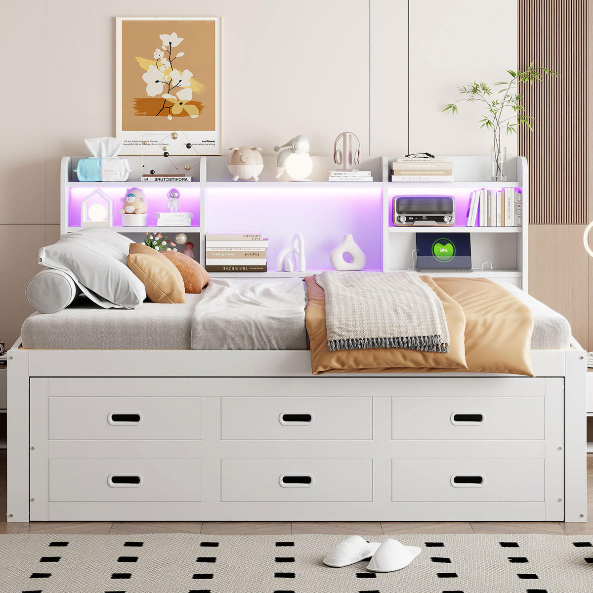 TAGESBETT 140/200 cm aus werkstoff mit LED-Beleuchtung, USB-/Type-C-Anschluss, Ausziehbett und 3 Schubladen, Weiß - Weiß, Holzwerkstoff (140/200cm) - Redom