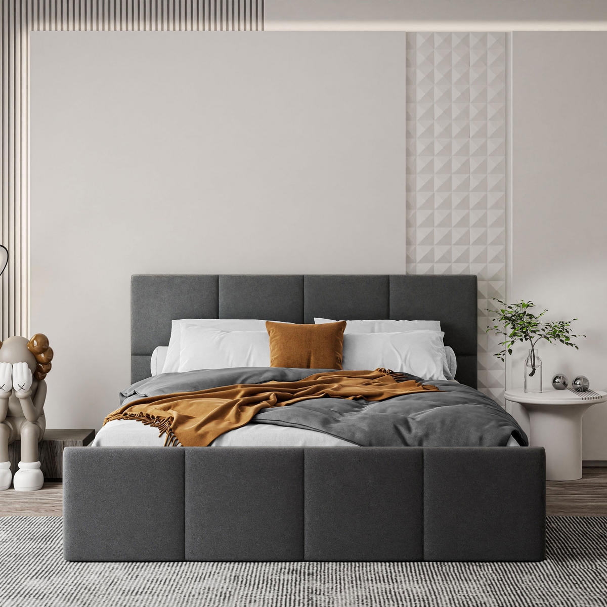 POLSTERBETT AVA 160x200 cm Jasmine 96, 34 Holzlatten, Kopfteil 91 cm - Grau, Textil (160/200cm) - Lookway