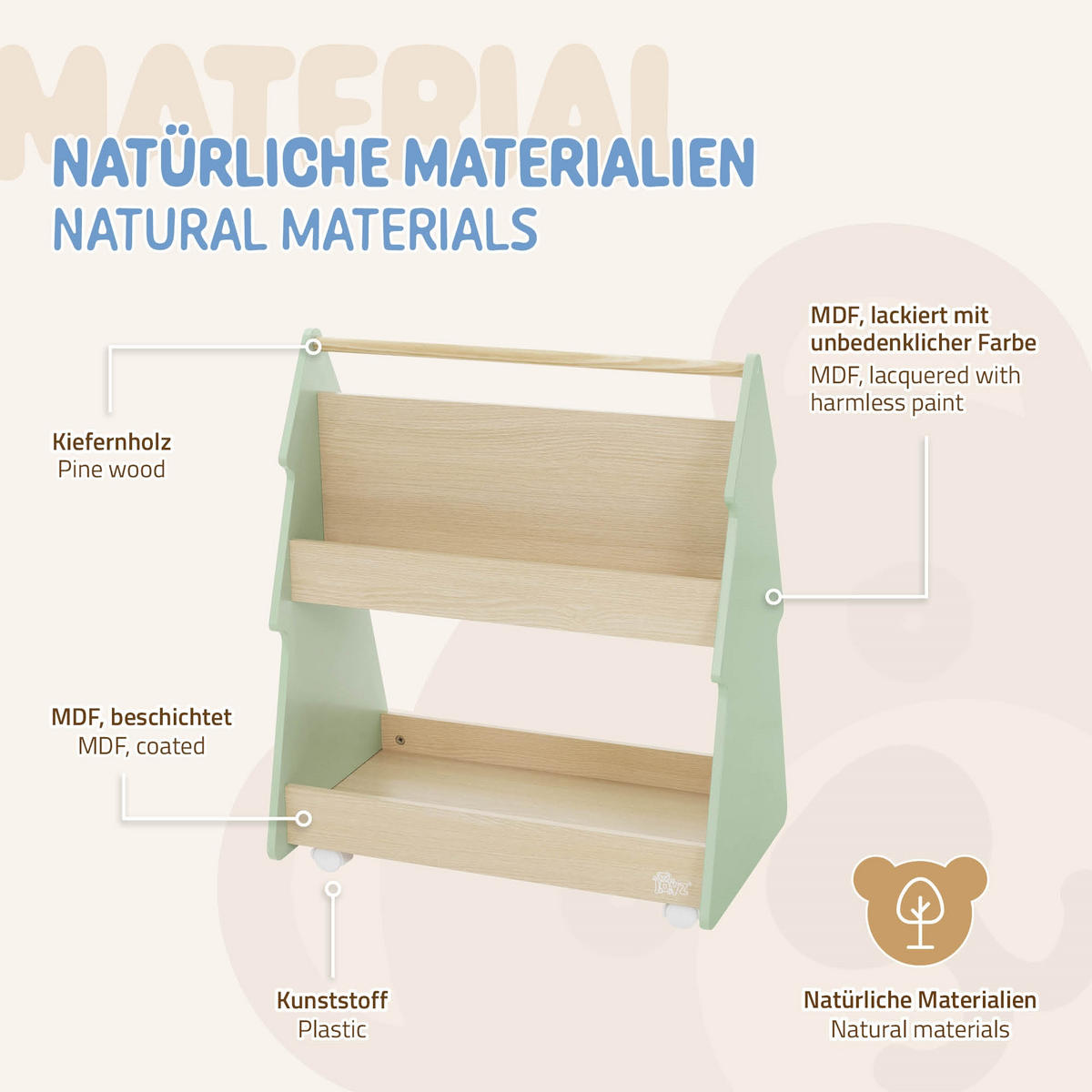 KINDERREGAL Tanne, Grün/Natur - Naturfarben, Holz (60/70/38cm) - Joyz