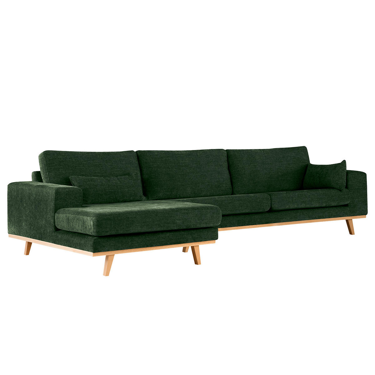 ECKSOFA mit Longchair - Dunkelgrün/Buchefarben, Buchenholz/Textil (281/153cm) - home24