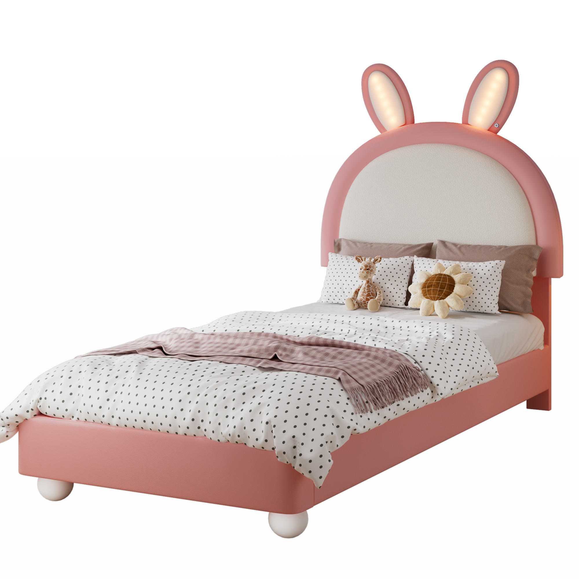 POLSTERBETT 90x200 cm aus PU mit Hasen-Kopfteil und LED-Leiste, rosa - Rosa, Holzwerkstoff (90/200cm) - Luhomfu