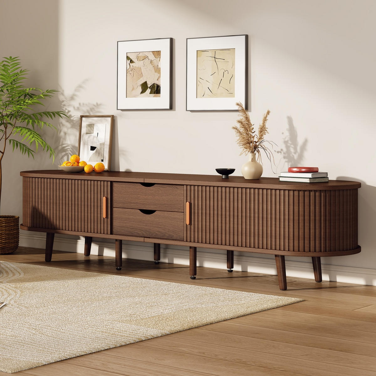 TV-SCHRANK 175x40cm Lowboard Nussbaum 2 Schubladen Teleskoptüren bis 75 Zoll - Braun, Holz (50.5/16/116.5cm) - FLIEKS