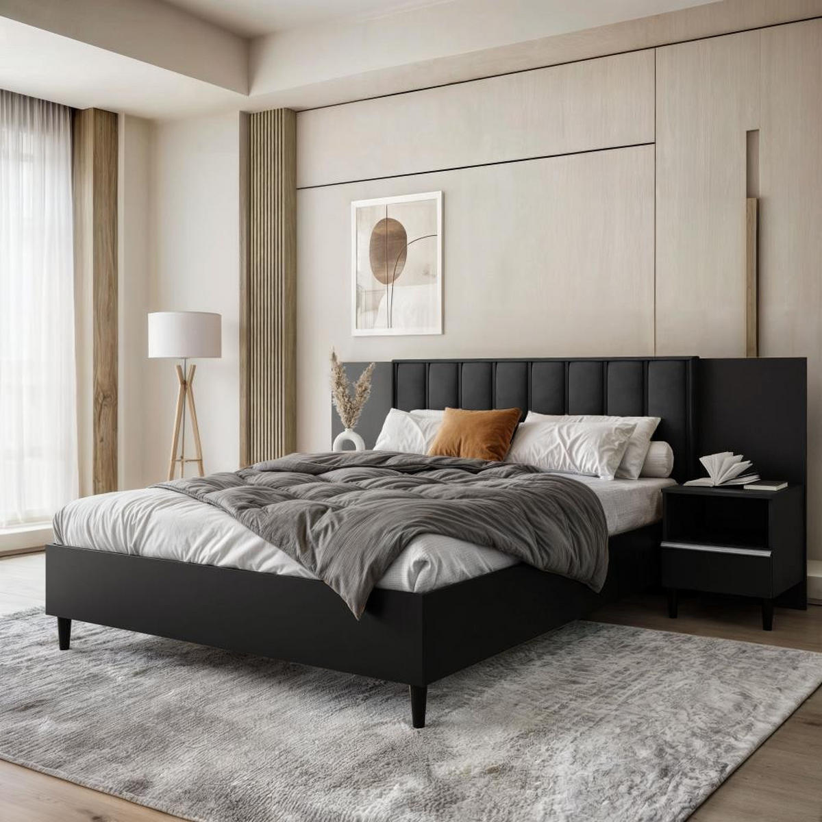 POLSTERBETT Stella 166/211/108 mit 1 Nachttisch schwarz - Schwarz, Holzwerkstoff/Textil (160/200cm) - Beautysofa