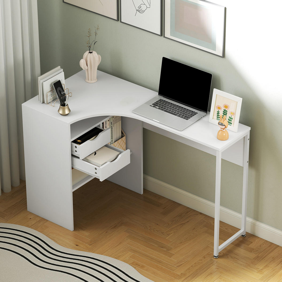 ECKSCHREIBTISCH DE-14904 L-Form mit 2 Schubladen & 3 offenen Fächern Weiß - Weiß, Holzwerkstoff (120/60/74cm) - ComfortXL