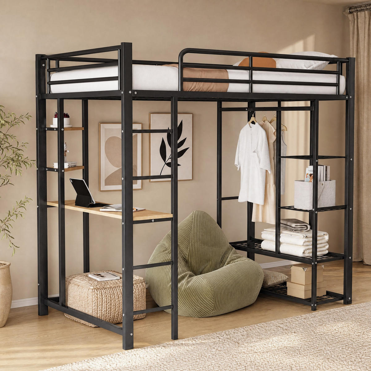 HOCHBETT 90/200 mit Schreibtisch, Ablagefächern und Kleiderstange in Schwarz - Schwarz, Holz/Metall (90/200cm) - EVRYAE