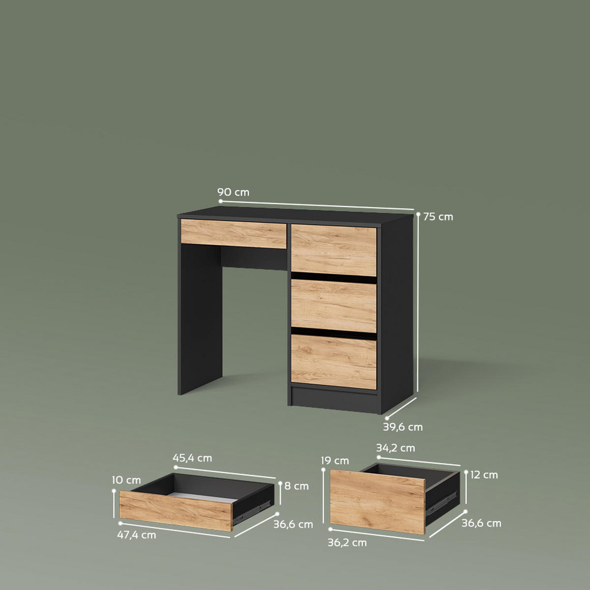 SCHMINKTISCH Imola Anthrazit/Goldkraft Eiche ohne Spiegel - Anthrazit/Eiche Wotan, Holzwerkstoff (55/120/75cm) - Livinity®