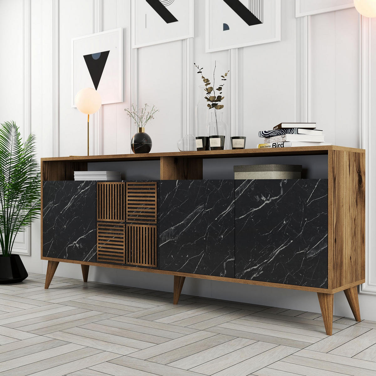 SIDEBOARD 4 Türen L180 cm - Milan - Schwarz, Holzwerkstoff (35/78.6/180cm) - Calicosy