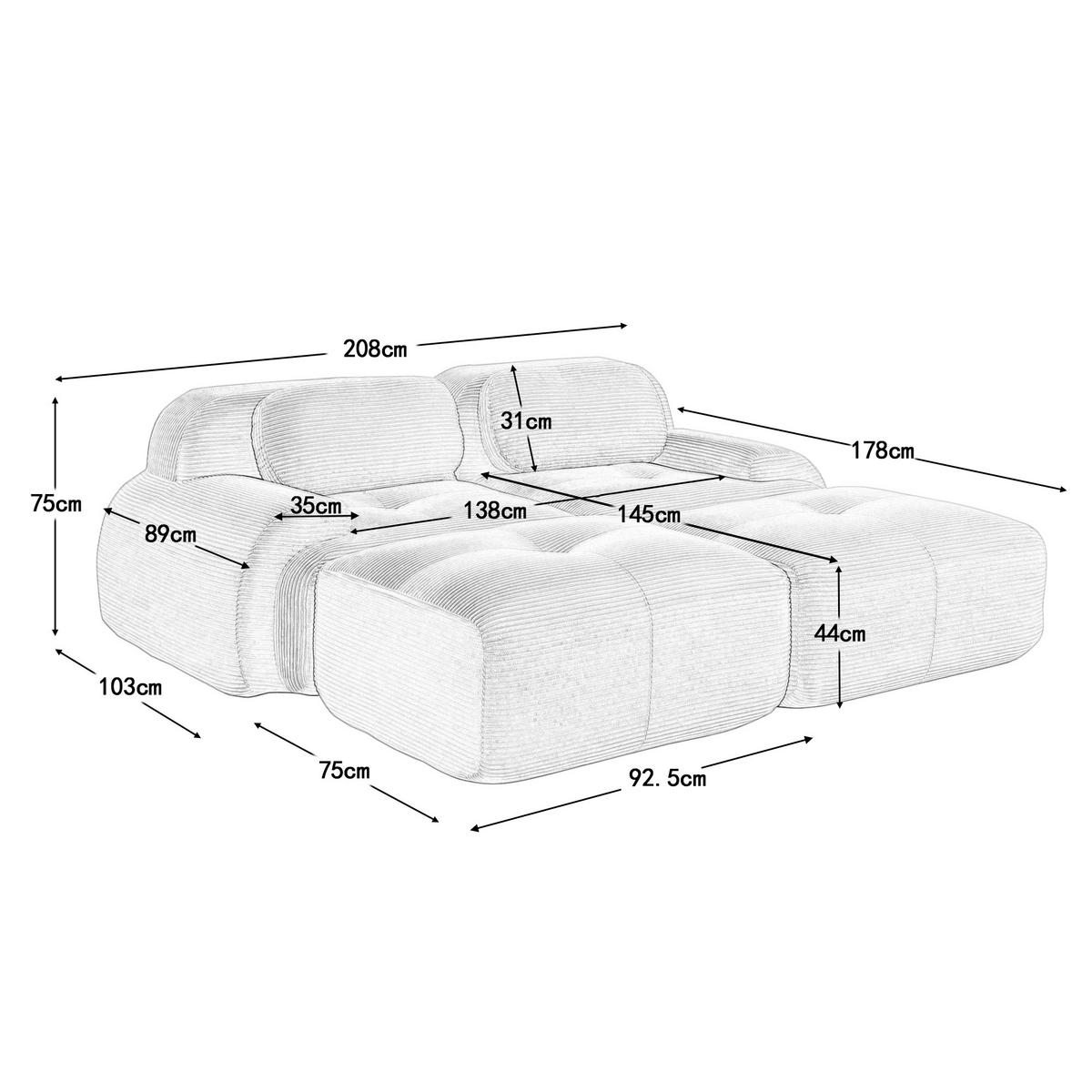 SOFA Modulares 2-Sitzer, rutschfeste Unterseite, Cord, Grau - Grau, Textil (178/70/208cm) - Meubles Cosy