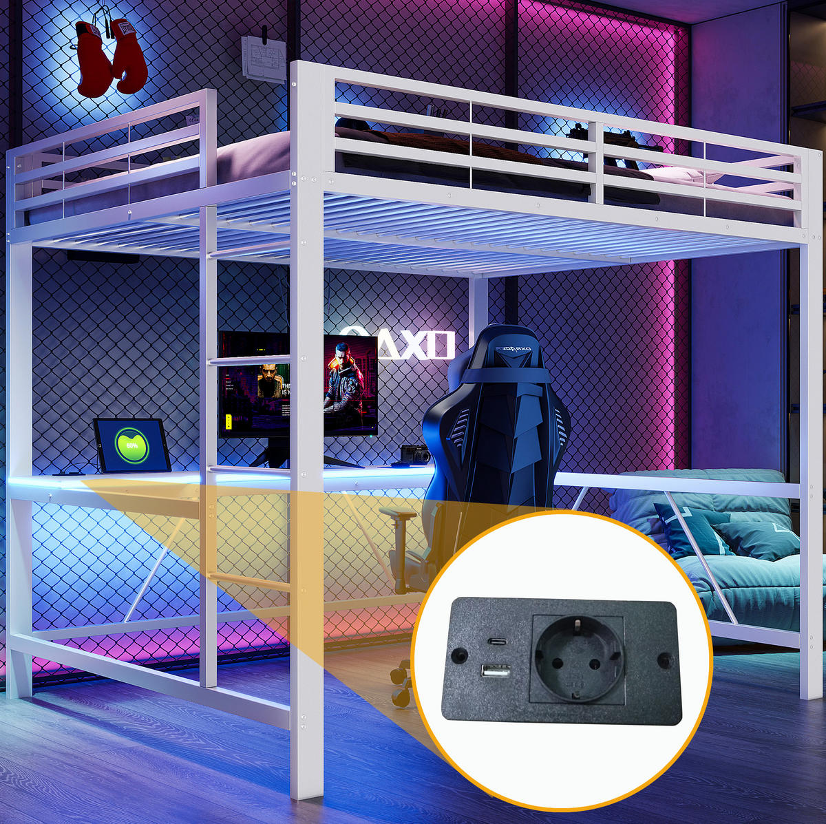 GAMING-HOCHBETT aus Metall und MDF 160x200 cm Weiß mit Schreibtisch, LED-Beleuchtung und Rundum-Schutz - Weiß, Holzwerkstoff (160/200cm) - Modfu