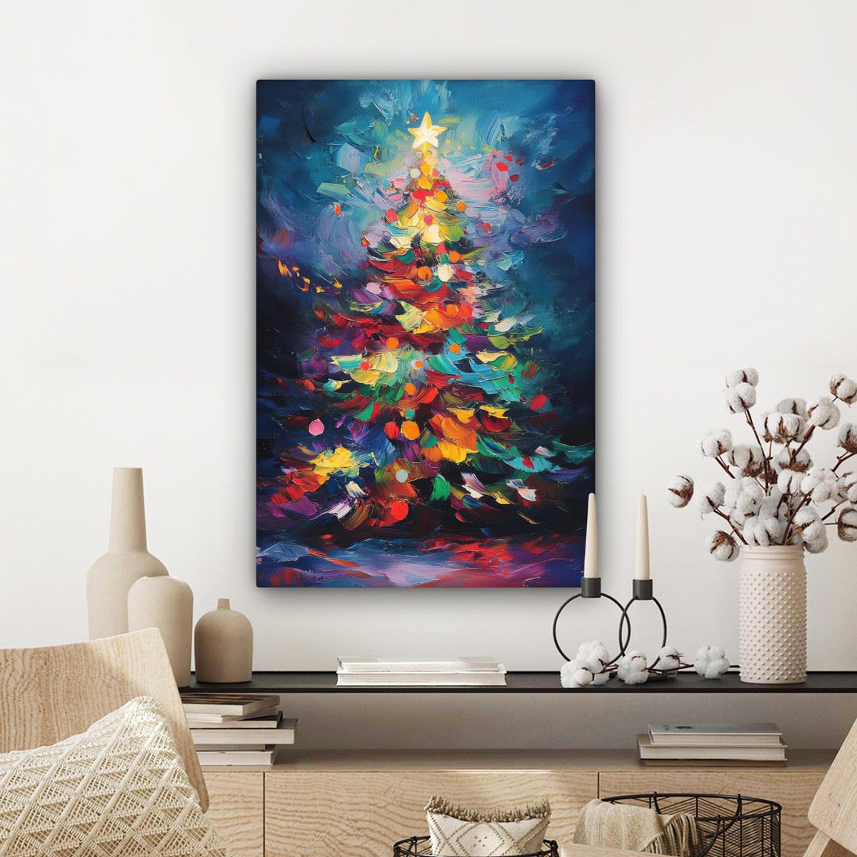 LEINWANDBILD Weihnachtsbaum - Weihnachten - Abstrakt - Farbenfroh Wanddeko Schlafzimmer 60x90 cm - Multicolor, Textil (60/90cm) - MuchoWow