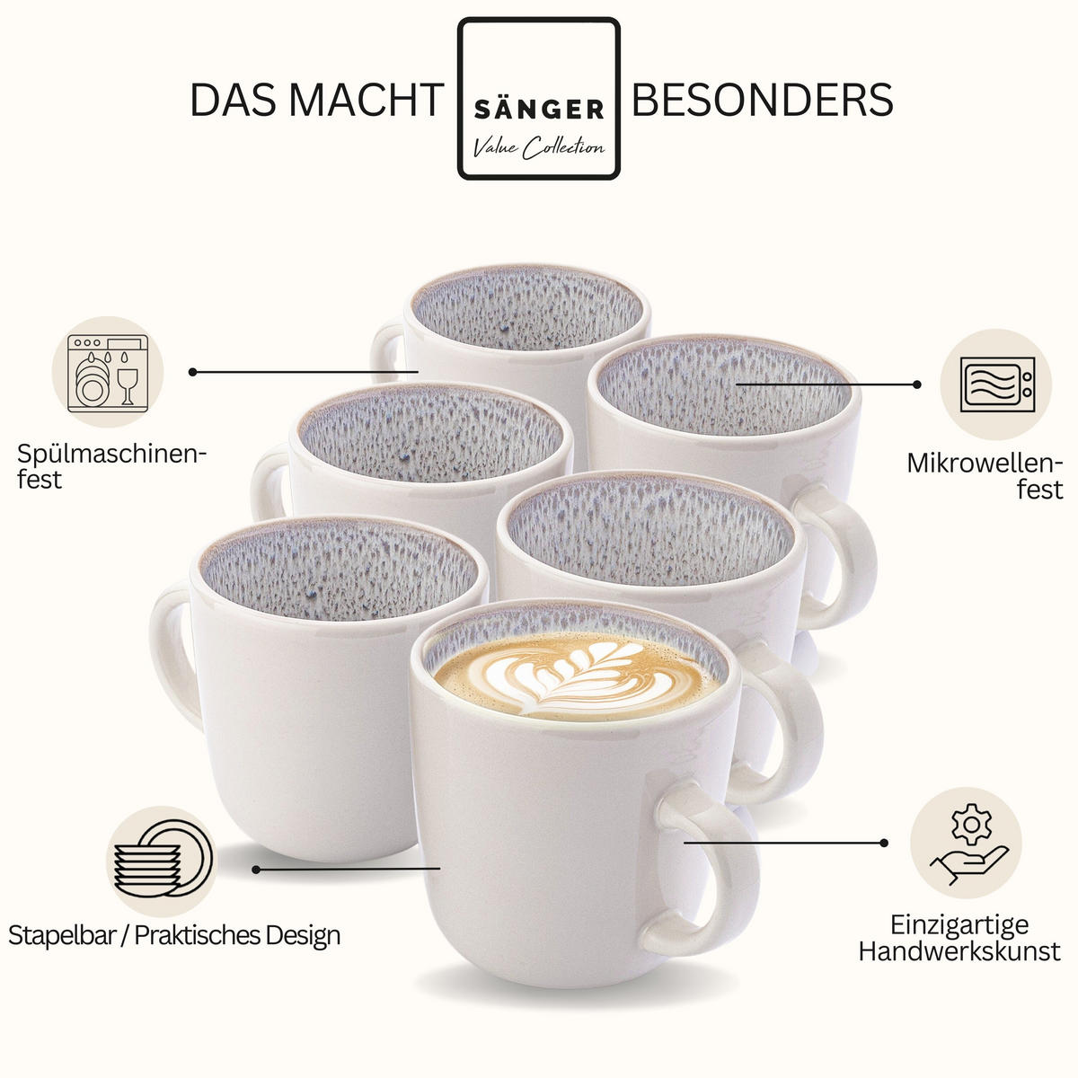 KAFFEEBECHER SET KRETA - 6 teilig aus Steingut - Creme, Stein (0.35L) - Sänger
