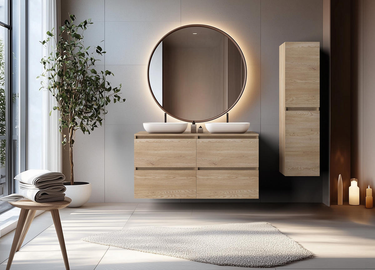 BADEZIMMERSCHRANK 120 cm (2 X 60) + TOP, Farbe: helle Eiche, 120 x 46 x 60,7 cm, mit Arbeitsplatte - Eichefarben, Holzwerkstoff (120/60.7/46cm) - 3XE LIVING