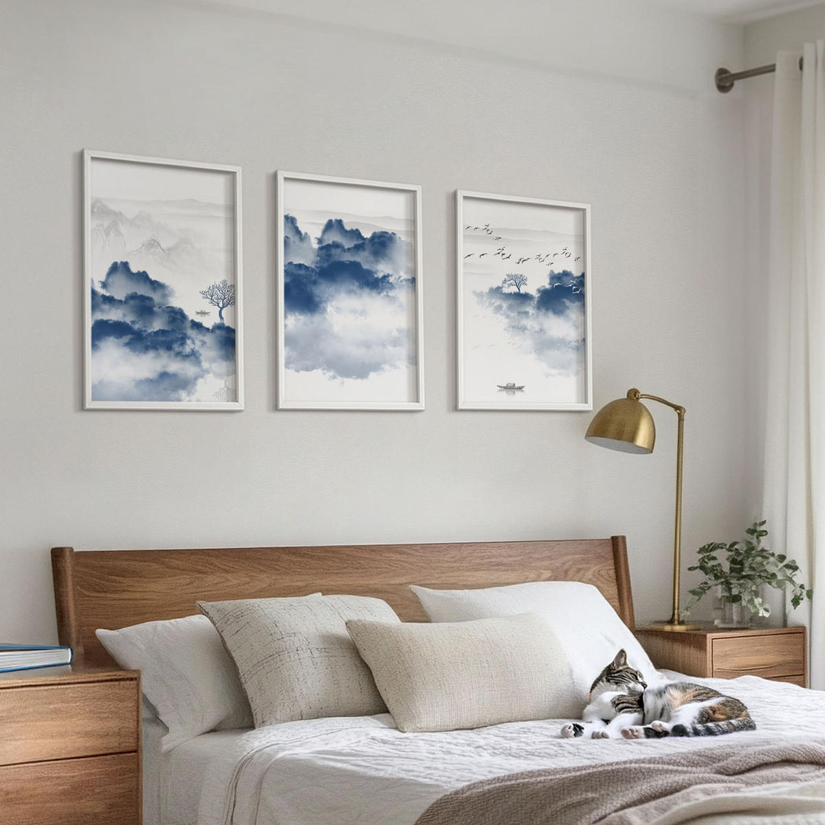 BILDER SET 3er Set - 40x60 cm Weißer Rahmen - Berge, Wolken, Bäume, Vögel - Weiß, Kunststoff (40/60cm) - TULUP
