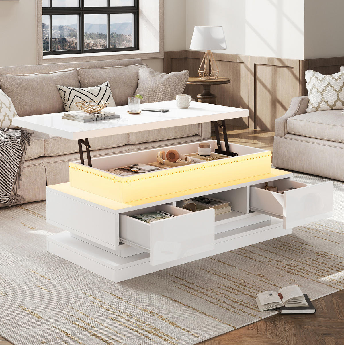 COUCHTISCH 100/50/40 cm in Weiß, höhenverstellbar mit LED-Beleuchtung - Weiß, Holzwerkstoff (100/50/40cm) - Flora Grace
