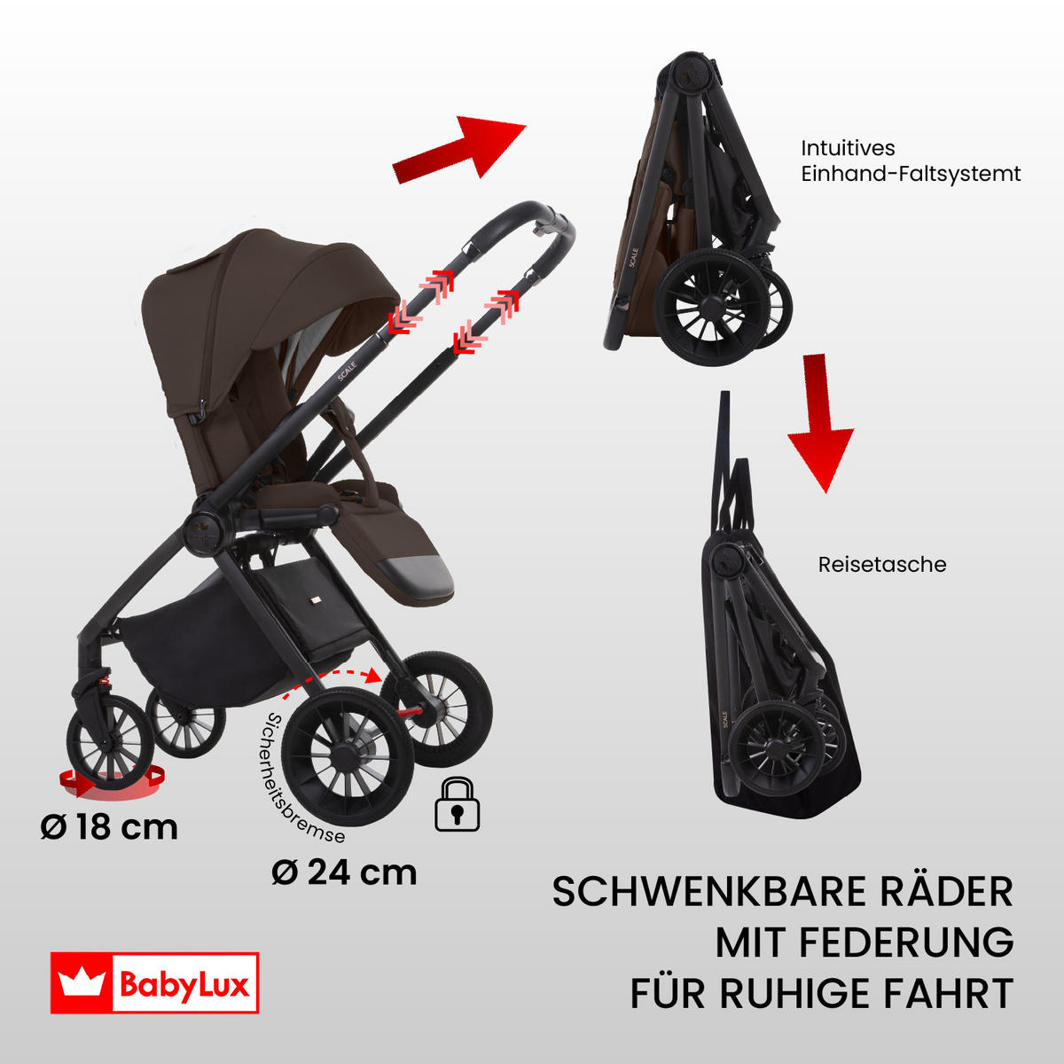 BUGGY Scale, Klein und Leicht, Teleskopische Führung, Kompakt Faltbar, Wickeltasche, Reisetasche - Schwarz/Braun, Textil/Metall (58/100cm) - BabyLux