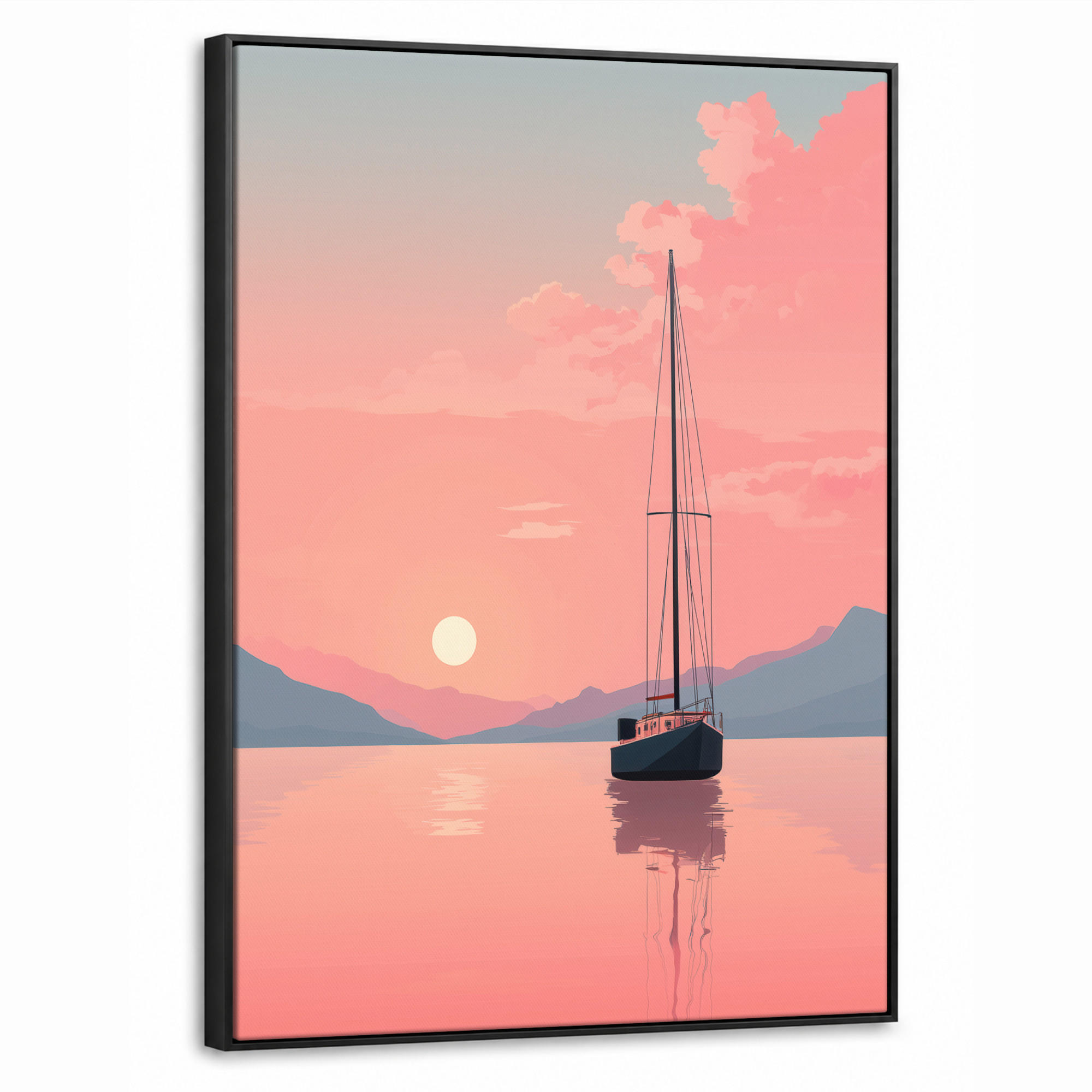 LEINWAND Bilder mit Rahmen - Segelboot - Rosa Meer - Sonnenuntergang - Berge - 60x80 - Rosa, Textil (60/80cm) - MuchoWow
