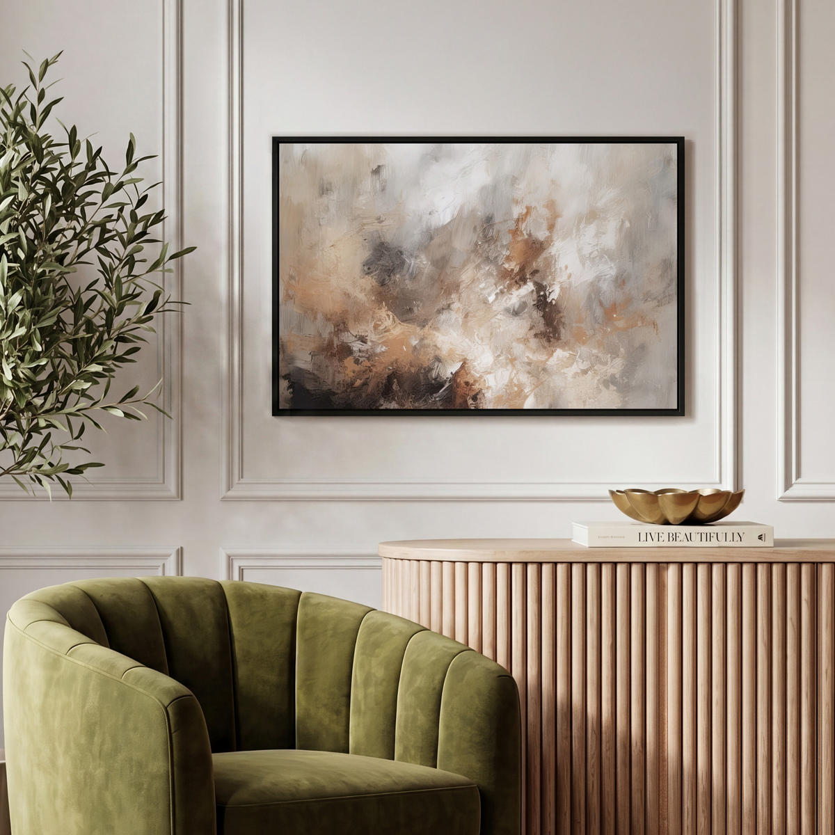 LEINWAND Bilder mit Rahmen - Farbe - Abstrakt - Beige - Kunst - 60x40 - Greige, Textil (60/40cm) - MuchoWow