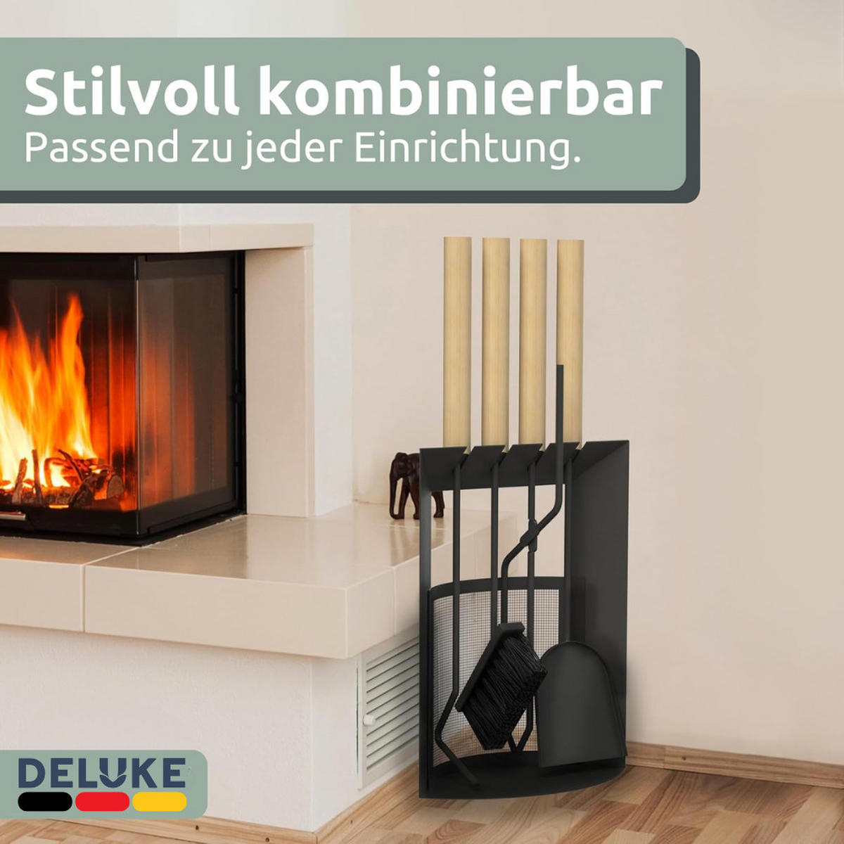 KAMINBESTECK modern THEO 6-tlg. mit Holzgriff Schürhaken Besen Ascheschaufel Schwarz - Schwarz, Metall (29/61/20cm) - DELUKE