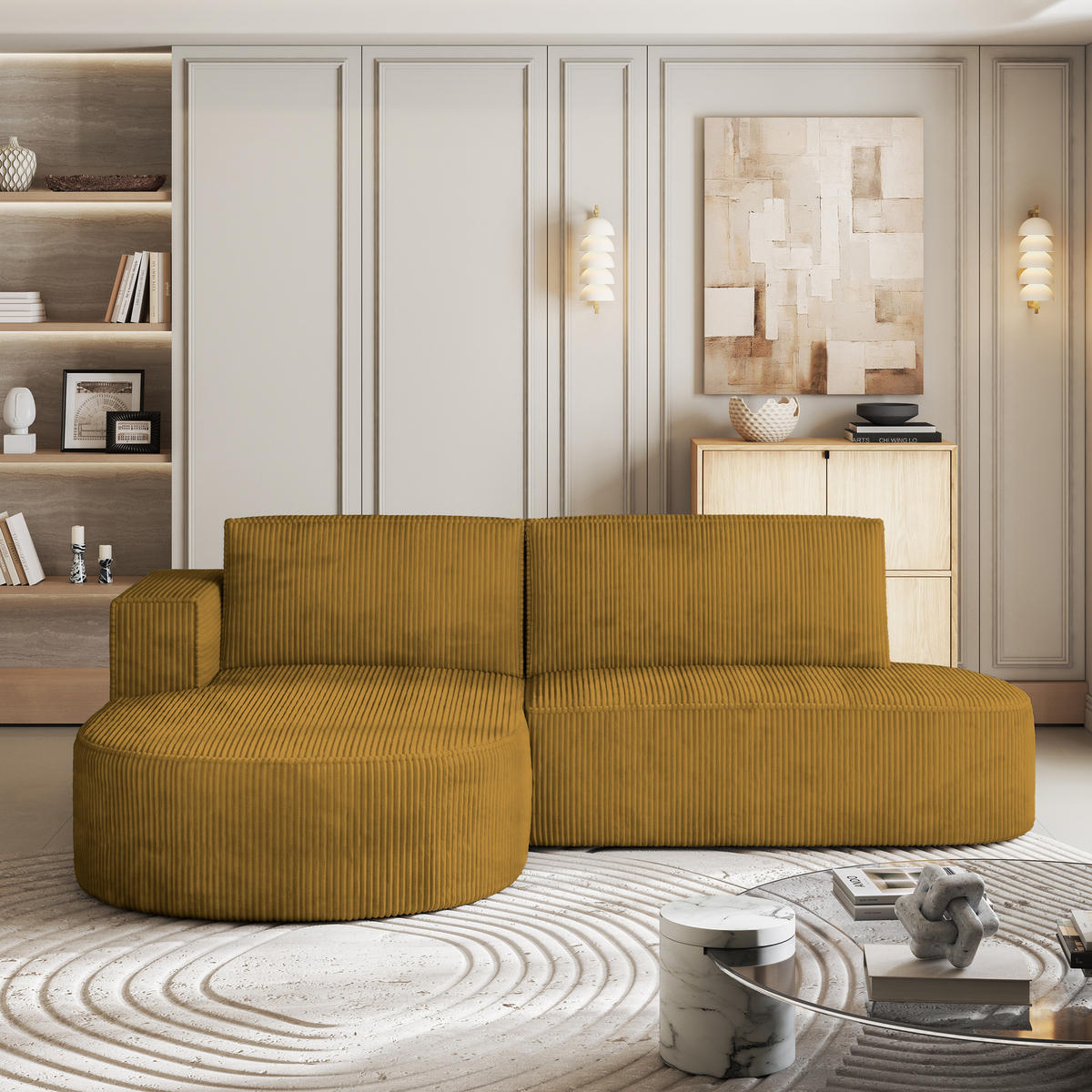 ECKSOFA CORTIO P L-S Gelb Kordstoff mit Schlaffunktion - Gelb, Holz (265/174cm) - MASSENO