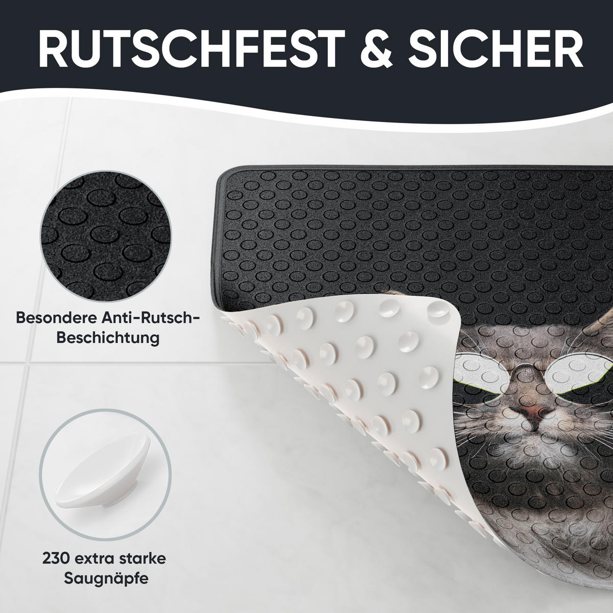 BADEMATTE Cool Cat - Schwarz, Kunststoff (53/53cm) - Sanilo