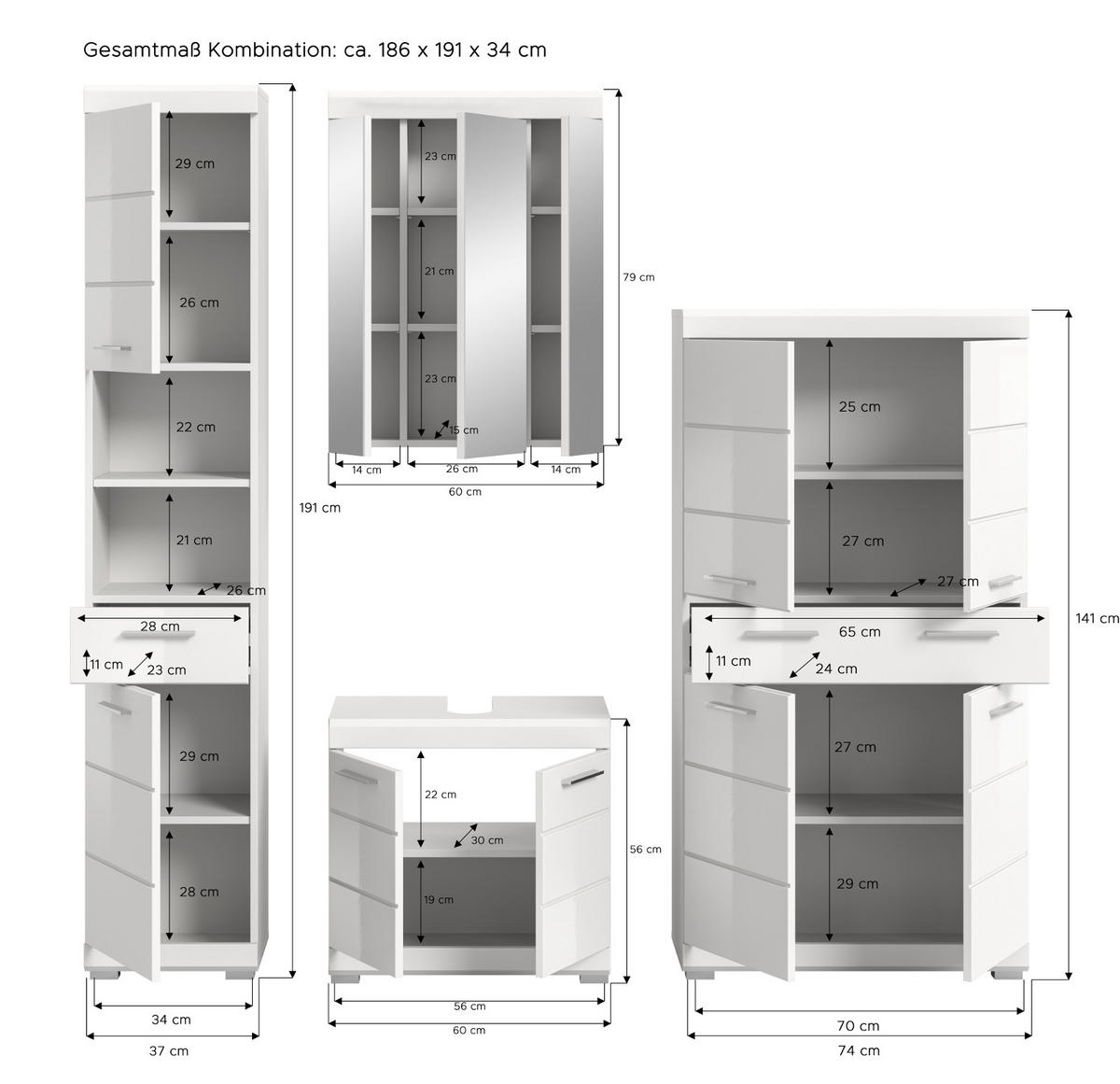 BADMÖBEL-SET weiß Hochglanz 4-teilig 200 cm, Komplettset mit viel Stauraum - Weiß Hochglanz, Glas/Holzwerkstoff (200/191/34cm) - Inn.Furn