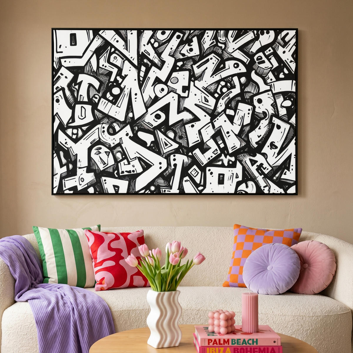 LEINWAND Bilder mit Rahmen - Formen - Buchstaben - Graffiti - Schwarz - 140x90 - Schwarz, Textil (140/90cm) - MuchoWow