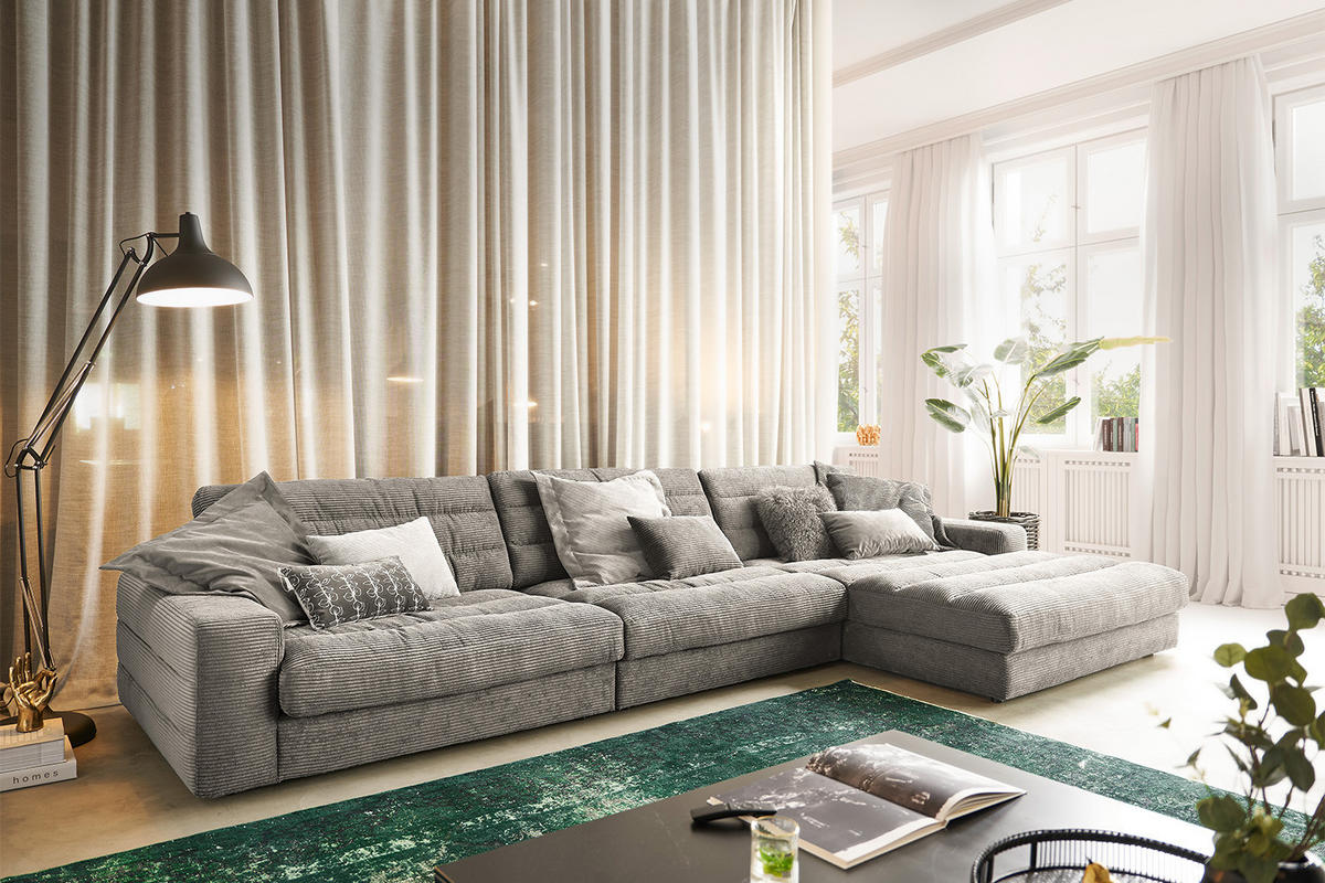 ECKSOFA XL LANA Steingrau Cord - Greige/Schwarz, Textil (416/205cm) - KAWOLA