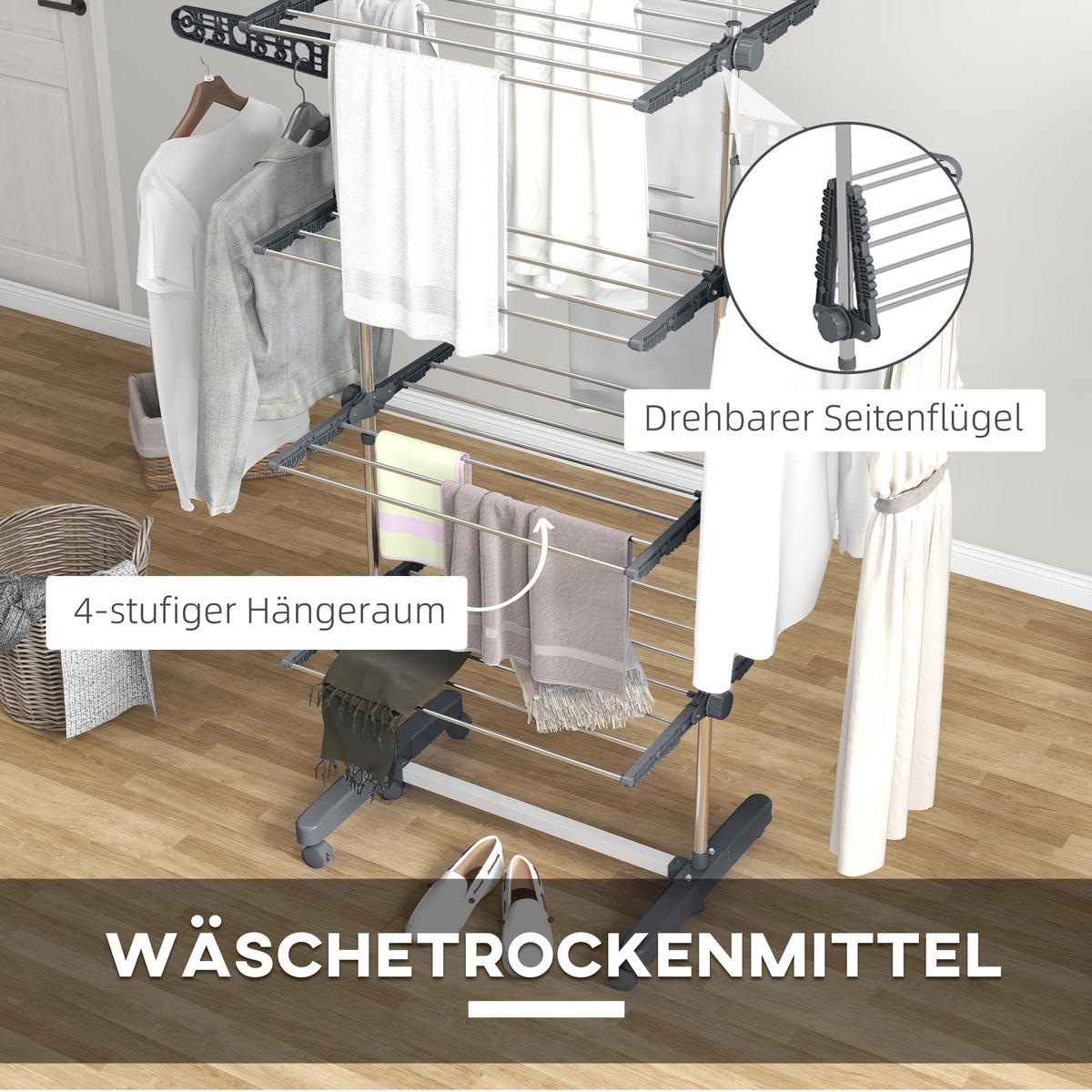 WÄSCHESTÄNDER DE-09793 5 Ebenen, klappbar mit 6 Rollen Grau+Silber - Grau, Metall (142/172/55cm) - ComfortXL
