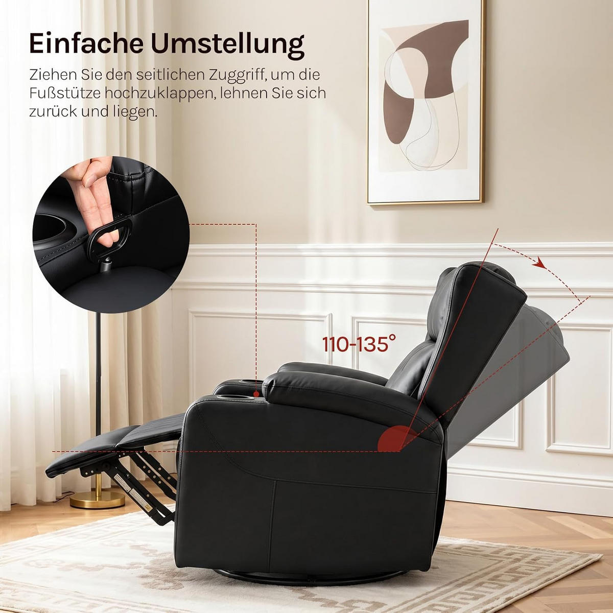 RELAXSESSEL mit Liegefunktion, drehbar, Kunstleder, Schwarz - Schwarz, Kunststoff (87/103.5/94.5cm) - Woltu