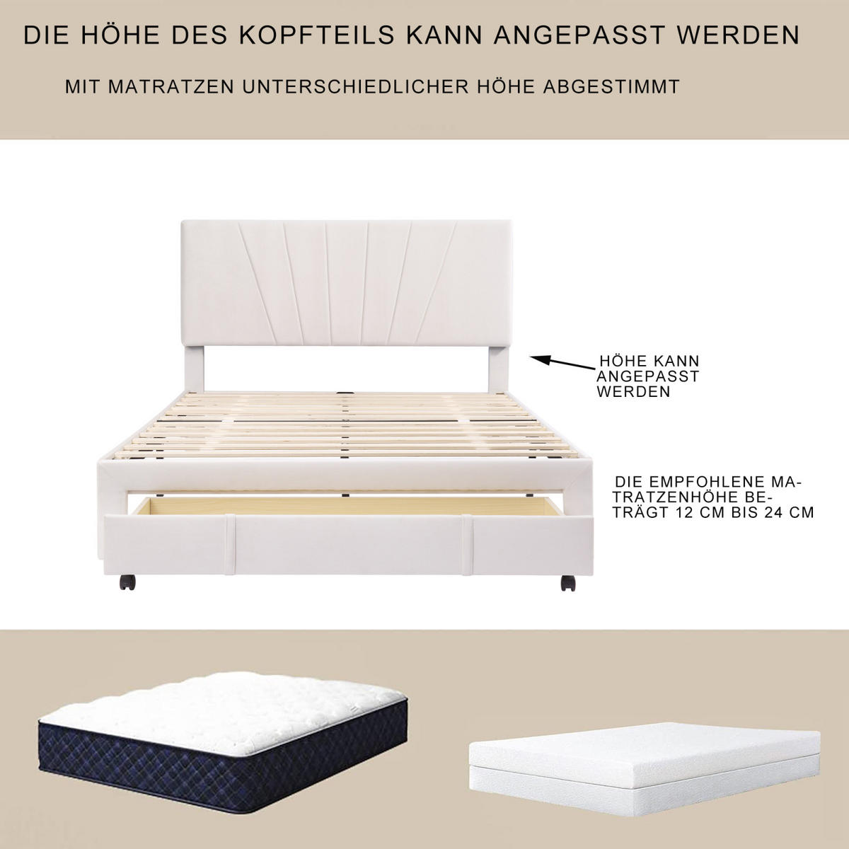 POLSTERBETT 140x200 cm, Beige, großer Schublade, Samt - Beige, Textil/Metall (140/200cm)