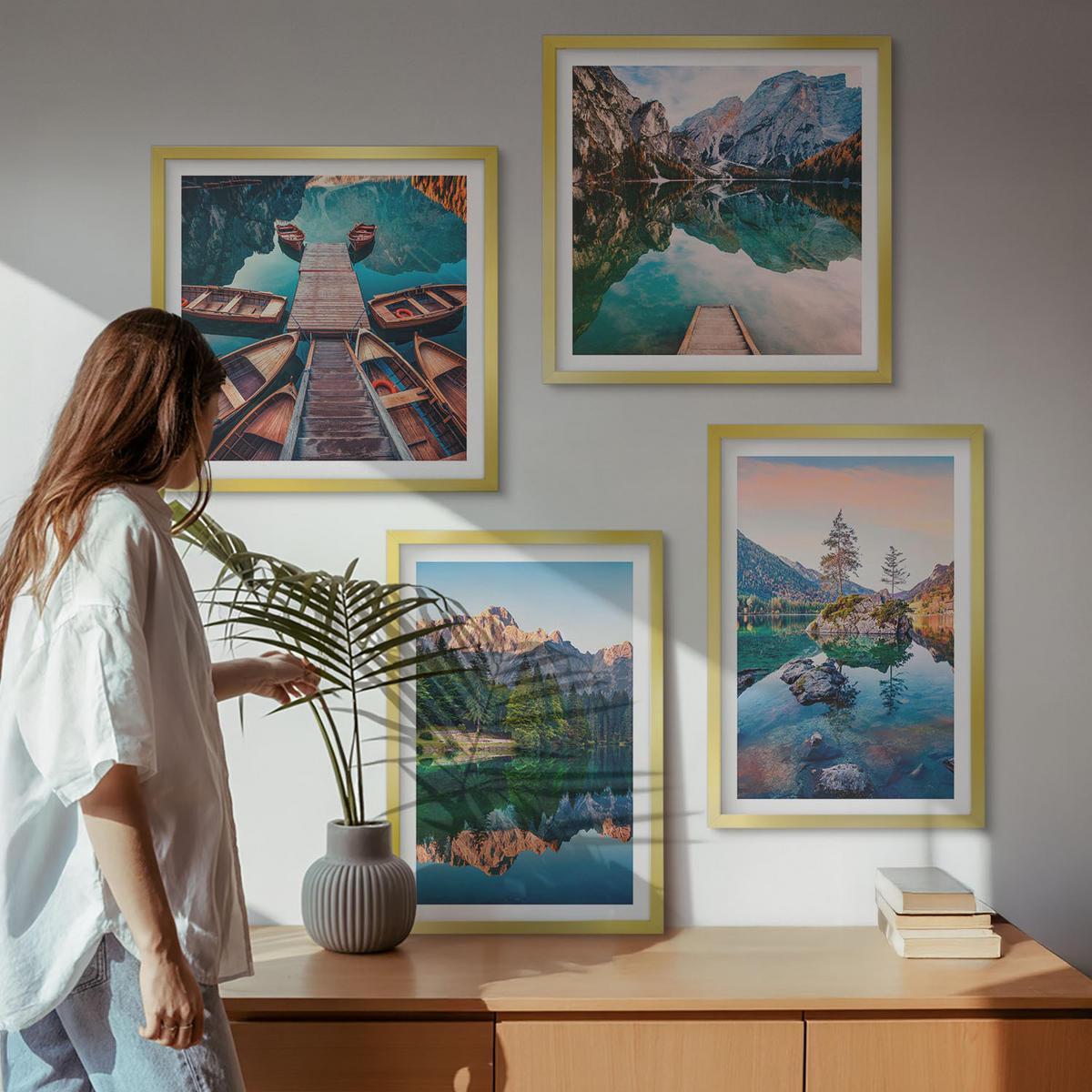 BILDER SET 4er Set - 50x50 cm & 40x60 cm Goldrahmen - Spiegelung des Waldes in Bergseen - Goldfarben, Kunststoff (50/50cm) - TULUP