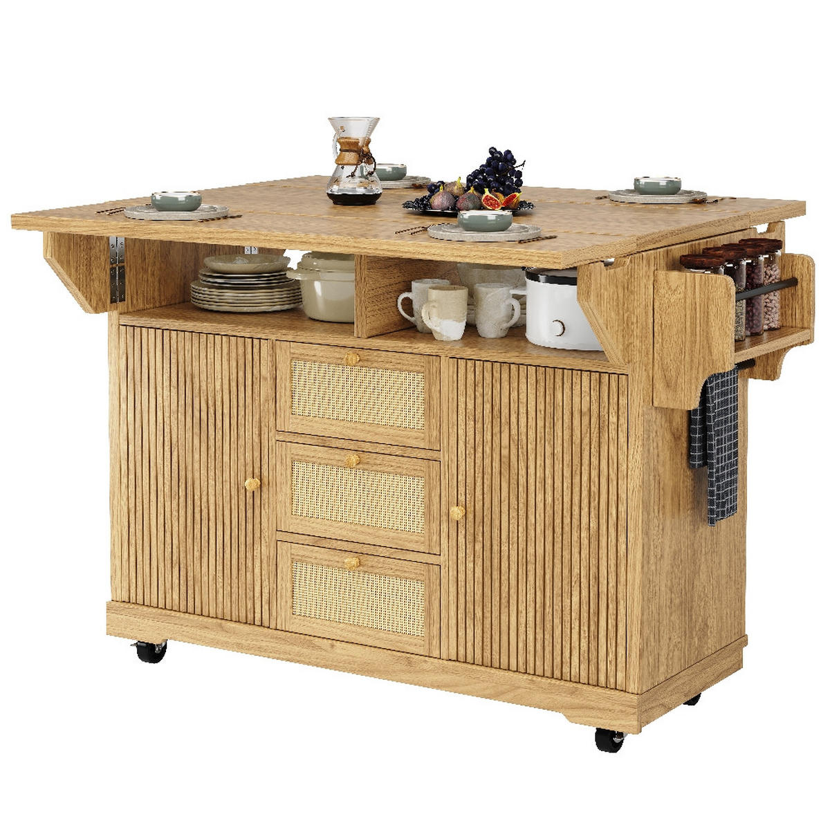 KÜCHENINSEL ausklappbar in Naturbraun mit Rattan, 142,5/80/95 cm - Naturfarben, Kunststoff (80/95/142.5cm) - Rolipo
