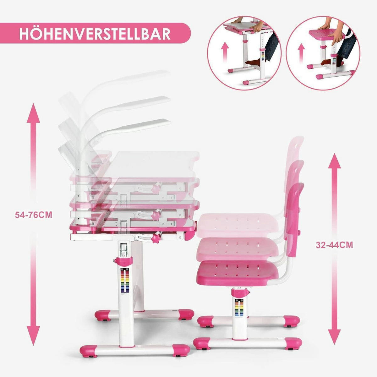 KINDERSCHREIBTISCH-SET höhenverstellbar mit Lampe und Schublade Rosa - Multicolor, Kunststoff (49/76/66.4cm)