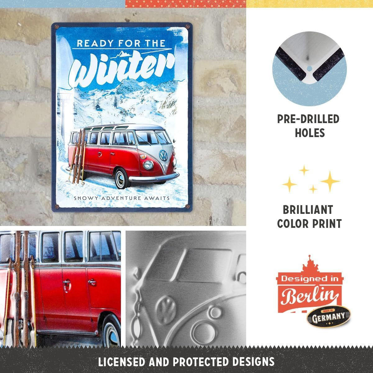 BLECHSCHILD 30/40 cm VW Bulli Ready for the Winter - Multicolor, Metall (30/40/0.2cm) - Nostalgic-Art