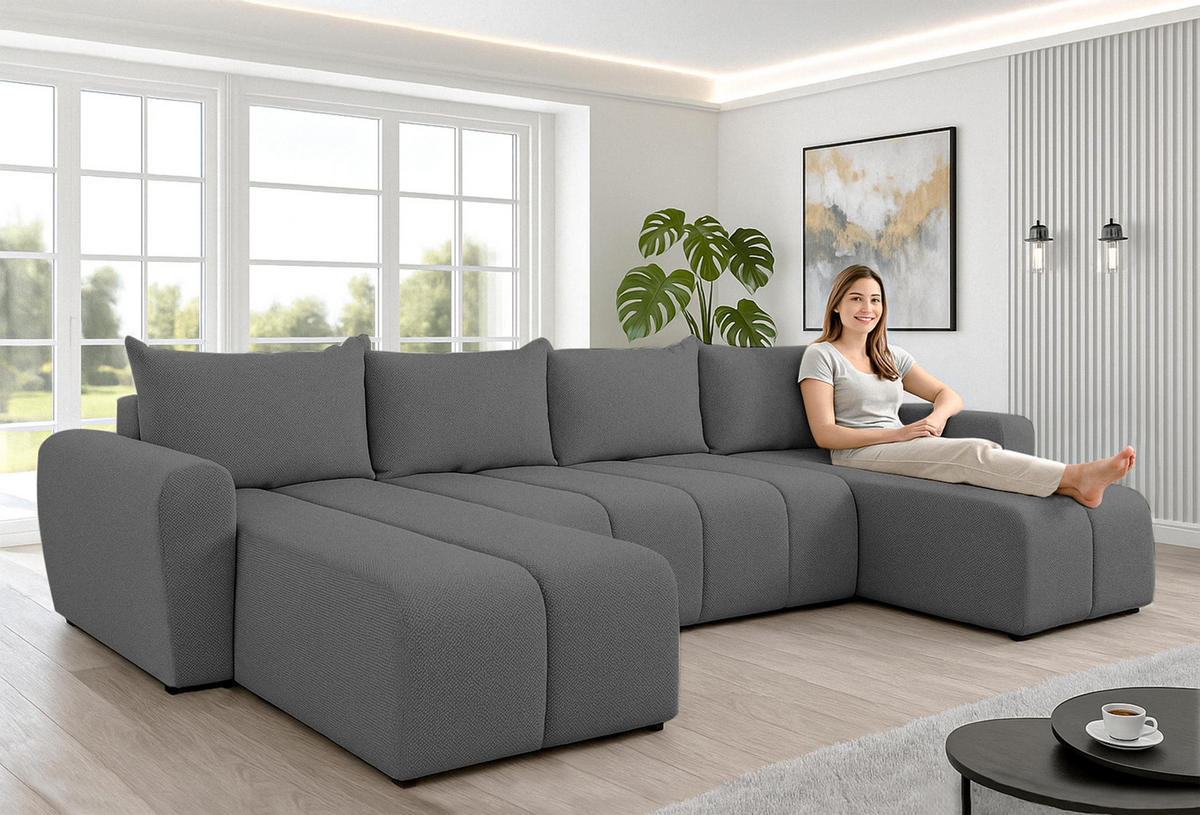 WOHNLANDSCHAFT Ferrande Grau 318/149/91 cm mit Schlaffunktion Bettkasten Wohnzimmer - Schwarz/Grau, Kunststoff/Textil (318/91/149cm) - AX Living