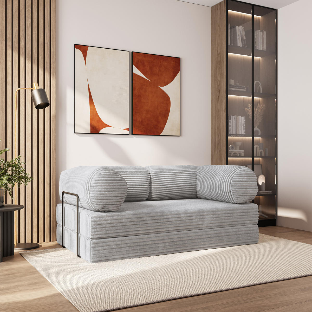 BETTSOFA ALVIO aus Schaumstoff Cordstoff Hellgrau Schlaffunktion - Grau, Textil (170/68/80cm) - MASSENO
