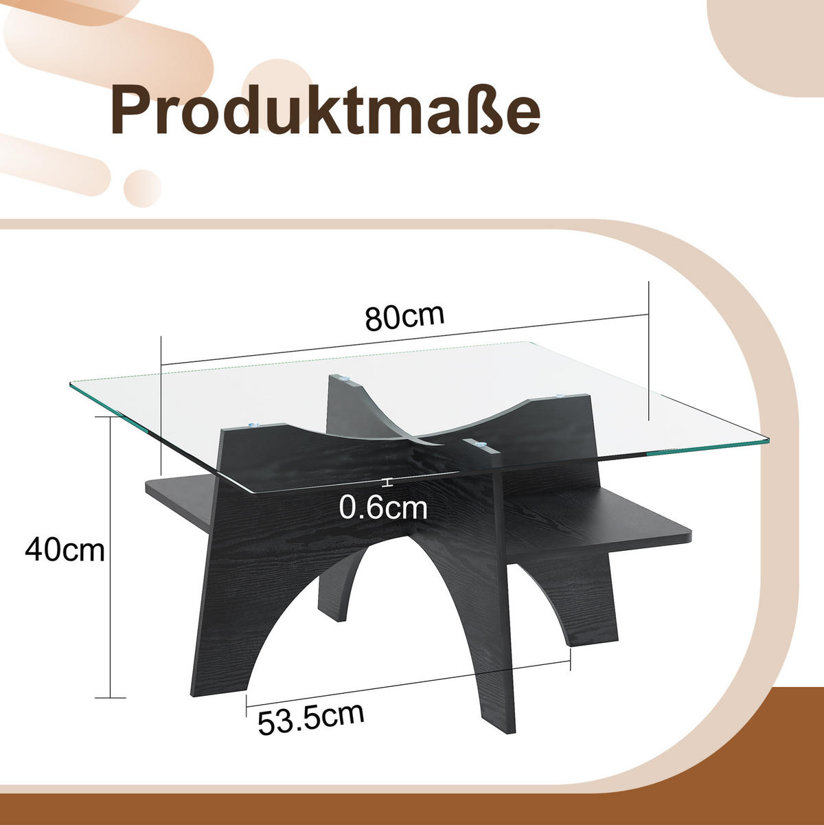 COUCHTISCH 80/80/40 cm mit Ablagefach und Sicherheitsglasplatte, MDF in schwarzer Holzoptik/Transparent - Schwarz, Holzwerkstoff (80/80/40cm) - Redom