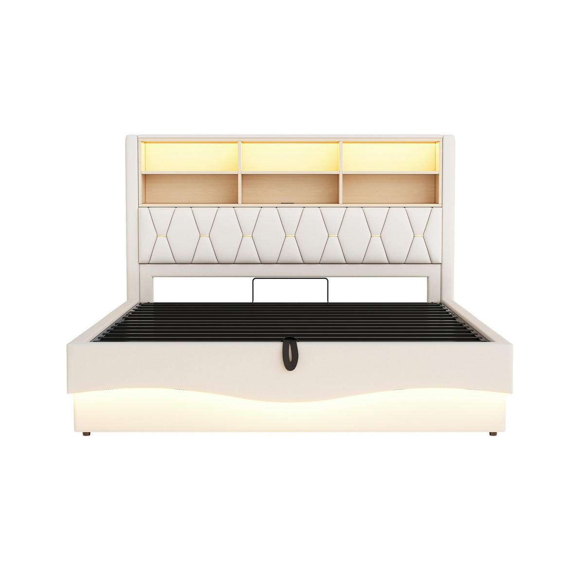 POLSTERBETT 180/200 cm mit LED-Beleuchtung, USB-Anschluss und hydraulischem Bettkasten, Leinen, Beige - Beige, Metall (180/200cm) - Redom